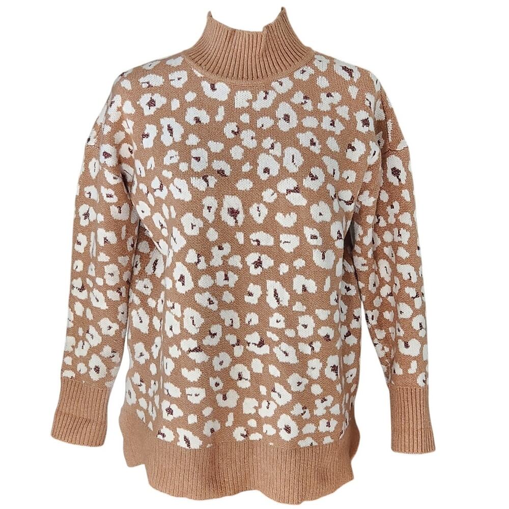 LOFT Leopard Print Mock Neck Sweater | Tan & White Metallic Accent | Women's M
